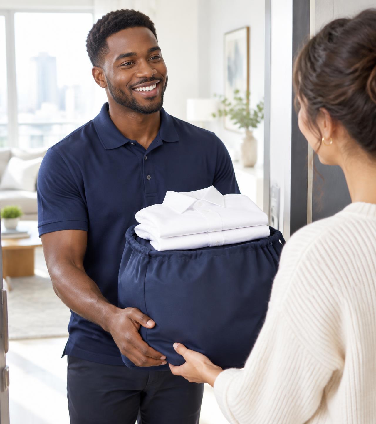 Ramasseur FODI CLEAN remettant un sac de linge propre à une cliente